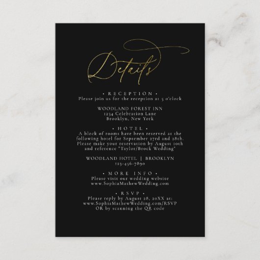 グラムエレガントブラックと金ゴールドの結婚詳細 エンクロージャーカード (正面)
