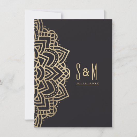 グラムエレガントブラック金ゴールドフローラマンダラ結婚ズ 招待状 (裏面)