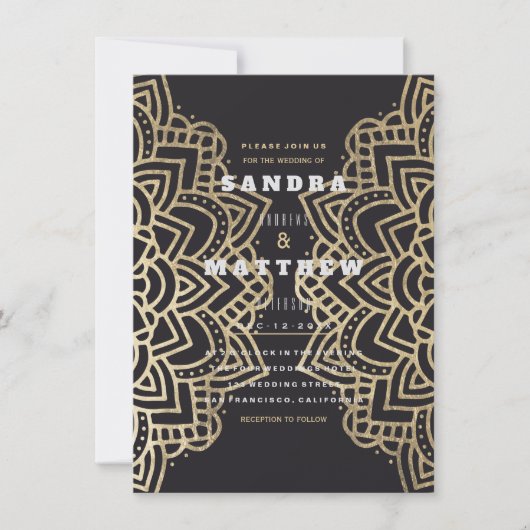 グラムエレガントブラック金ゴールドフローラマンダラ結婚ズ 招待状 (正面)