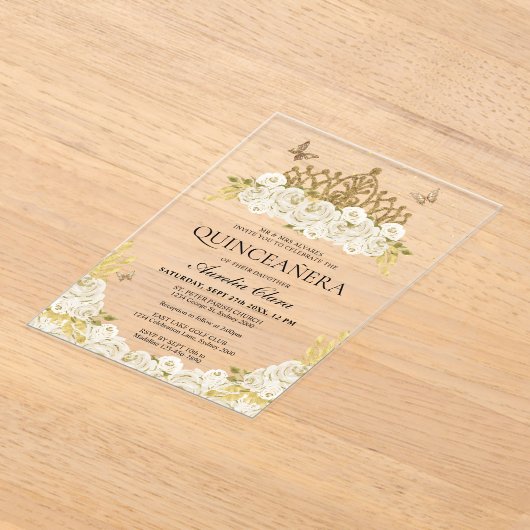 グラムエレガントホワイトフローラ金ゴールドティアラキンセアニェラ アクリル招待状 (レイダウン)