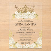 グラムエレガントホワイトフローラ金ゴールドティアラキンセアニェラ アクリル招待状 (正面)