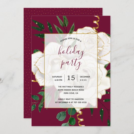 グラムエレガントホワイトヴィンテージバラホリデーパーティー 招待状 (正面/裏面)