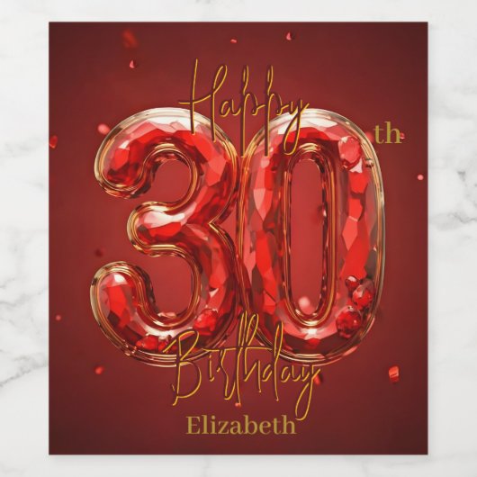 グラムエレガントレッドと金ゴールド宝石30歳の誕生日 ワインラベル (シングルラベル)