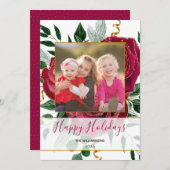 グラムエレガントレッドピンクヴィンテージバラグリッター写真 シーズンカード (正面/裏面)