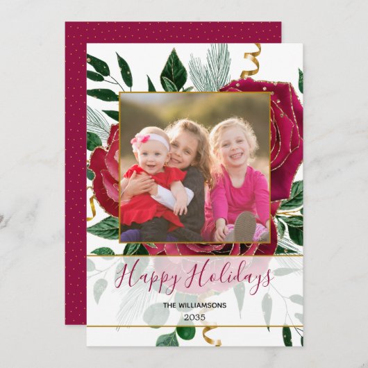 グラムエレガントレッドピンクヴィンテージバラグリッター写真 シーズンカード (正面/裏面)