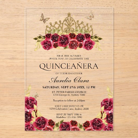 グラムエレガントレッドフローラ金ゴールドティアラキンセアニェラ アクリル招待状 (正面)