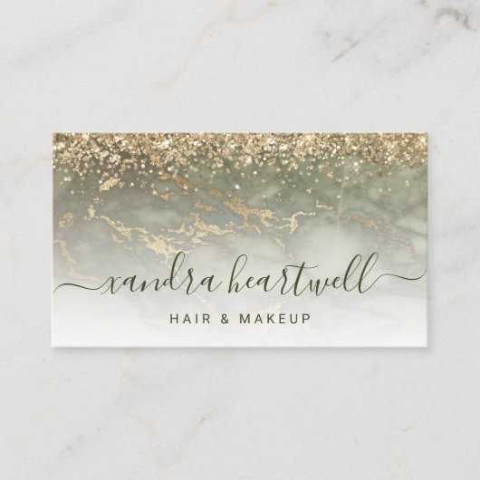 グラムオリーブグリーン金ゴールド大理石グリッタースクリプト 名刺 (正面)