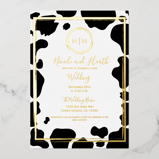 グラムカウーモダンプリント縁どの写真金ゴールド 箔招待状 (正面)