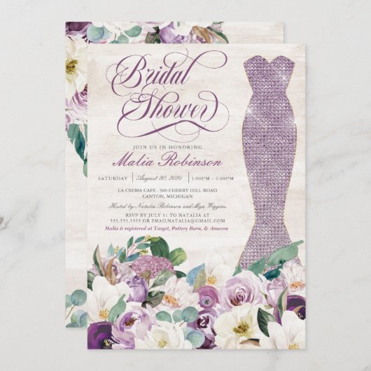 グラムガウン素朴フローララベンダーブライダルシャワー 招待状 (正面/裏面)