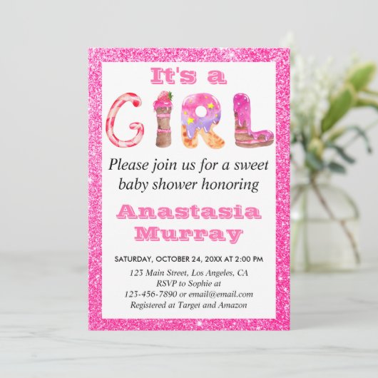 グラムガーリースイートホットピンクグリッターガールベビーシャワー 招待状 (スタンド正面)