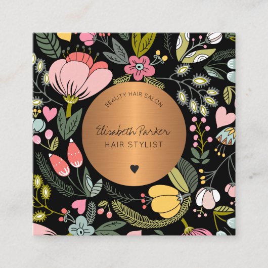グラムガーリーパステルピンクフローラ美しいサロンブラック スクエア名刺 (正面)
