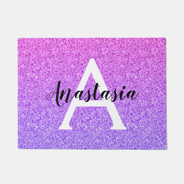 グラムガーリーパープルグラデーショングリッタースパークルスモノグラム ドアマット (正面)