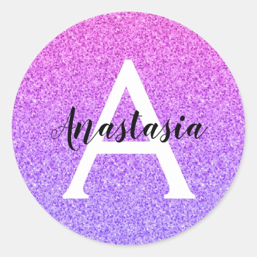 グラムガーリーパープルグラデーショングリッタースパークルスモノグラム ラウンドシール (正面)