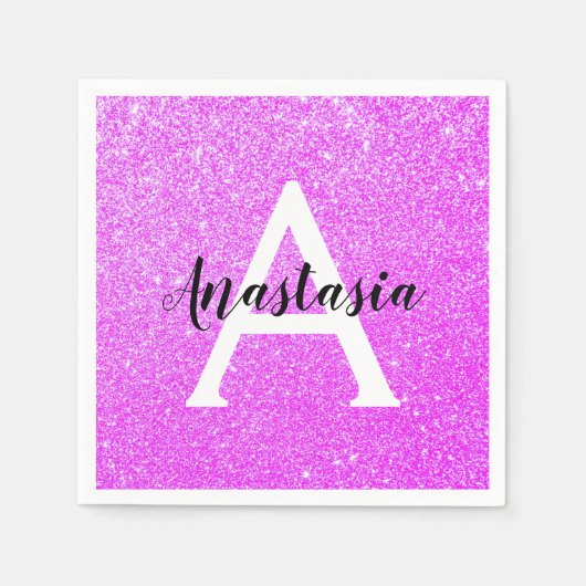 グラムガーリーパープルグリッタースパークルズモノグラム名 スタンダードカクテルナプキン (正面)