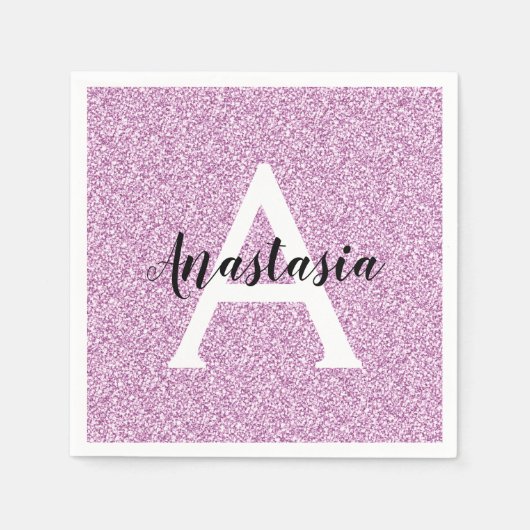 グラムガーリーパープルグリッタースパークルズモノグラム名 スタンダードカクテルナプキン (正面)