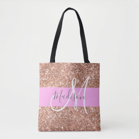 グラムガーリーピンクピーチ金ゴールドグリッターモノグラム名 トートバッグ (正面)