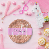 グラムガーリーピンクピーチ金ゴールドグリッターモノグラム名 ペーパープレート (パーティー)