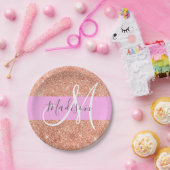 グラムガーリーピンクピーチ金ゴールドグリッターモノグラム名 ペーパープレート (パーティー)