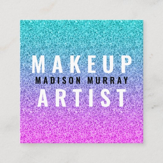 グラムガーリーピンクブルーパープルグリッターモノグラグラデーションム スクエア名刺 (正面)