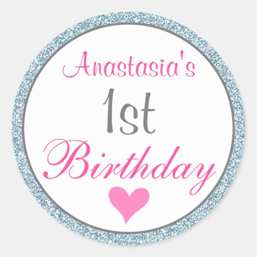 グラムガーリーピンク&ライトブルーグリッター1st誕生日 ラウンドシール (正面)