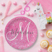 グラムガーリーホットピンクグリッタースパークルズモノグラム名 ペーパープレート (パーティー)