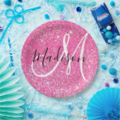 グラムガーリーホットピンクグリッタースパークルズモノグラム名 ペーパープレート (パーティー)