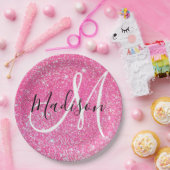 グラムガーリーホットピンクグリッタースパークルズモノグラム名 ペーパープレート (パーティー)
