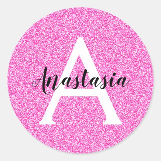 グラムガーリーホットピンクグリッタースパークルズモノグラム名 ラウンドシール (正面)