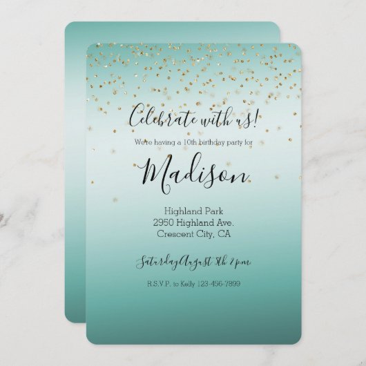 グラムガーリー金ゴールドスパークル紙吹雪ミントグラデーション 招待状 (正面/裏面)
