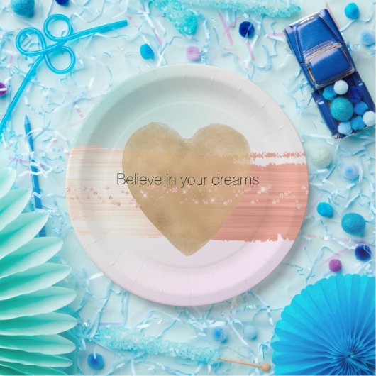 グラムガーリー金ゴールドハートピーチ赤面スパークル絞り染め ペーパープレート (パーティー)