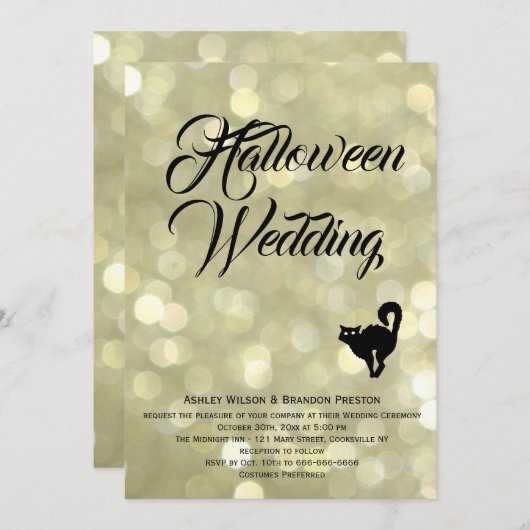 グラムキャットオン金ゴールドハロウィーン結婚式招待状 招待状 (正面/裏面)