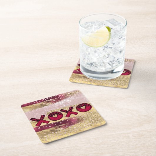 グラムグリッター金ゴールドレッドラックスXOXOヴァレンティネス スクエアペーパーコースター (インサイチュ)