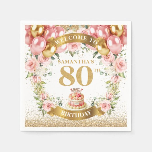 グラムグリッター金ゴールド80th誕生祝いナプキン スタンダードカクテルナプキン (正面)