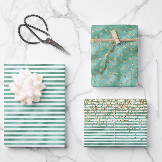 グラムグリーンホワイトストライプ金ゴールドグリッター ラッピングペーパーシート (正面)