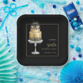 グラムケーキ花模様金ゴールド50th誕生日ブラック ペーパープレート (パーティー)