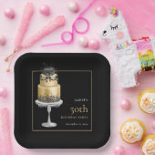 グラムケーキ花模様金ゴールド50th誕生日ブラック ペーパープレート (パーティー)