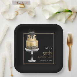 グラムケーキ花模様金ゴールド50th誕生日ブラック ペーパープレート