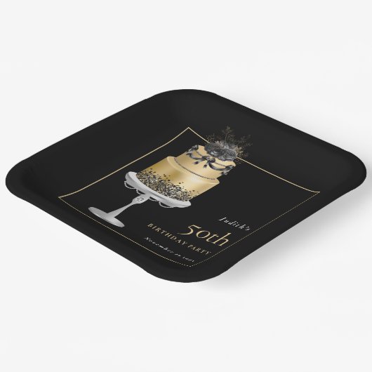 グラムケーキ花模様金ゴールド50th誕生日ブラック ペーパープレート (傾斜あり)