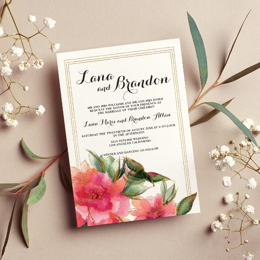 グラムコーラルピンク白金ゴールドグリッター結婚フローラ 招待状