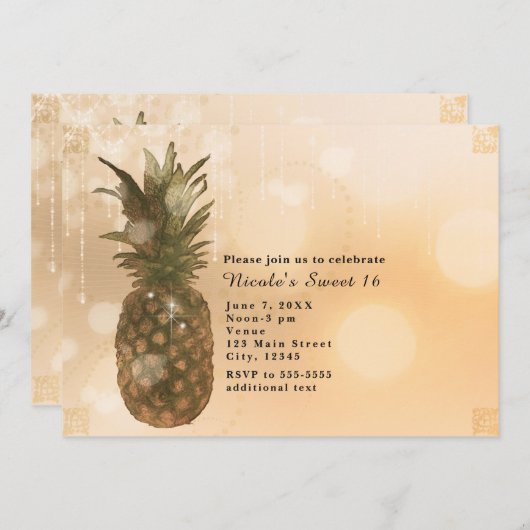 グラムゴールデンパイナップルエレガントトロピカル招待状 招待状 (正面/裏面)