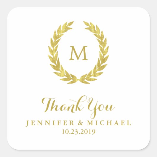 グラムゴールドフェイクフォイルローレルリースモノグラム結婚ズ スクエアシール (正面)