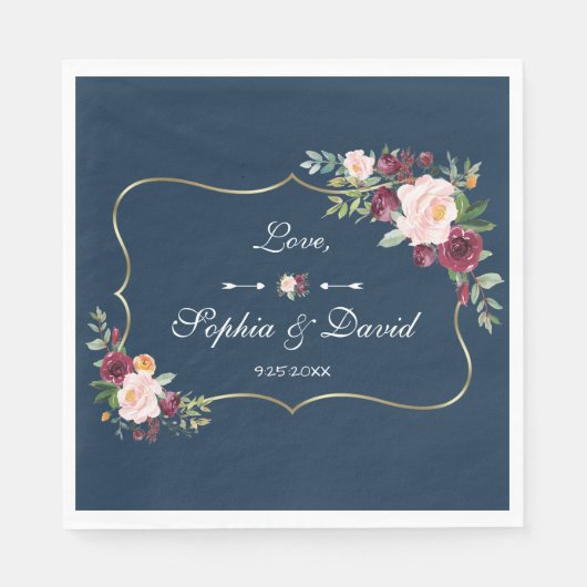 グラムゴールドブルゴーニュ赤面フローラネイビーブルー結婚ズ スタンダードランチョンナプキン (正面)