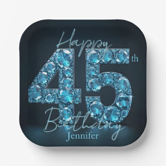 グラムサファイアブルー&ブラックジェムストーン45誕生日 ペーパープレート (正面)