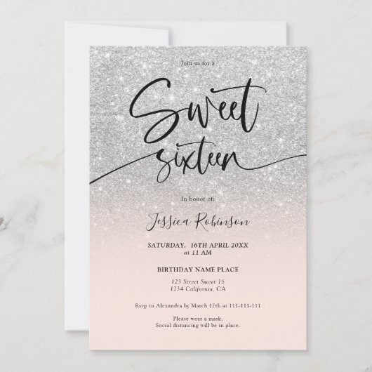 グラムシックなシルバーグラデーショングリッターガーリーピンクスウィート16 招待状 (正面)