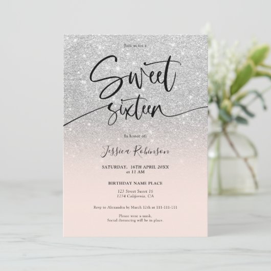 グラムシックなシルバーグラデーショングリッターガーリーピンクスウィート16 招待状 (スタンド正面)