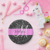 グラムシックピンクブラックグリッタースパークルネームモノグラム ペーパープレート (パーティー)