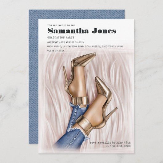 グラムシックファッションデニム卒業パーティー 招待状 (正面/裏面)