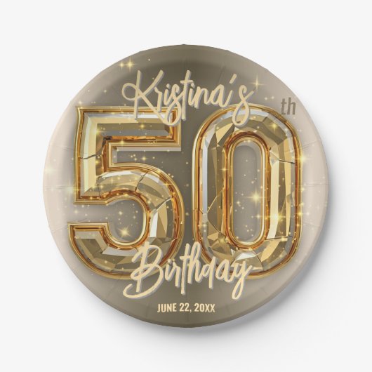 グラムシック金ゴールド&ダイヤモンドアクセント50誕生日 ペーパープレート (正面)