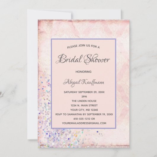 グラムシャビーシックピンクホワイトパープルスパークルブライダル 招待状 (正面)