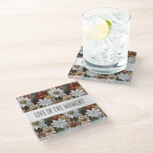 グラムシャンパーニュ金ゴールド赤白い花 ガラスコースター (アングル)